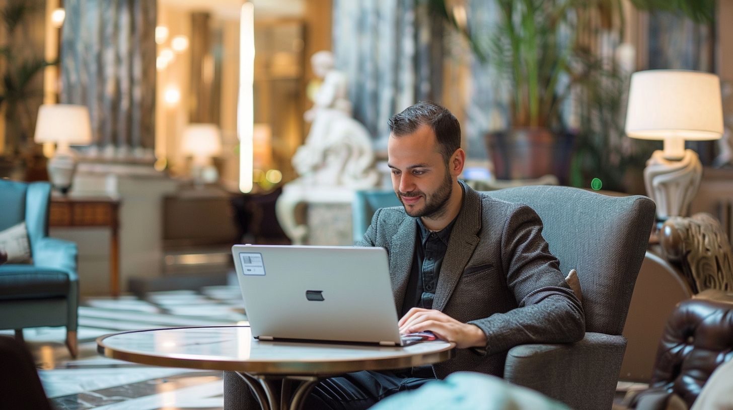 Homme d'affaires concentré travaillant sur son ordinateur portable dans le lobby élégant d'un hôtel